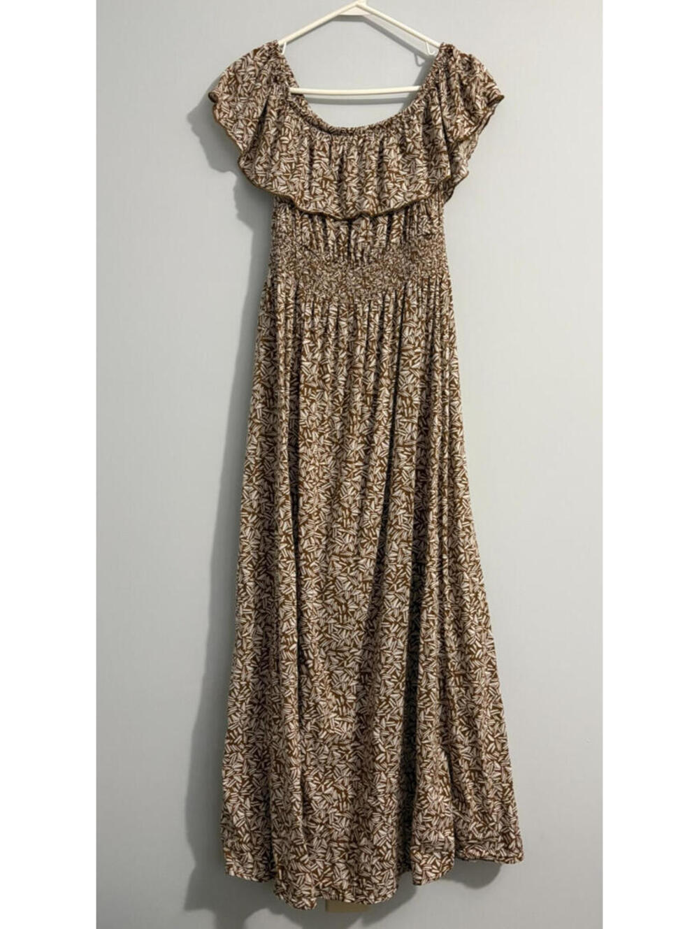 Old Navy Maxi Dress Medium Ruffle Brown Print Smocked Peasant Cottage India